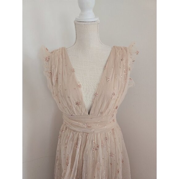 Altard State Fairy Tulle Glitter Stars Blush Pink Plunge V-Neck Maxi Dress M - Picture 3 of 11